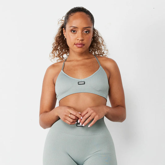 VANQUISH/ RIBBED SEAMLESS SLATE GREY CROSS BACK LOW SUPPORT BRA WOMAN